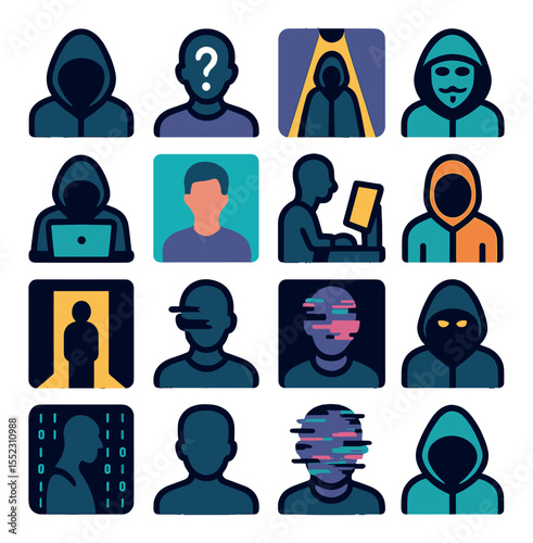 Anonymous silhouette themes icons in modern flat vector in minimalistic vibrant color design: hooded figure in shadow, faceless person with question mark, cloaked figure under light, anonymous