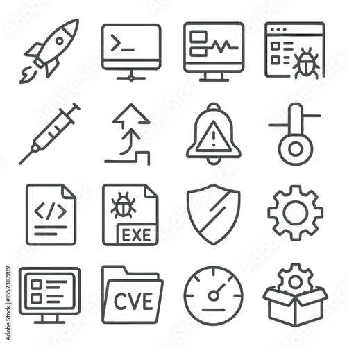 Exploitation and payload tools icons in minimalistic line art : exploit payload launcher, reverse shell tunnel, buffer overflow monitor, remote access trojan panel, shellcode injector, privilege