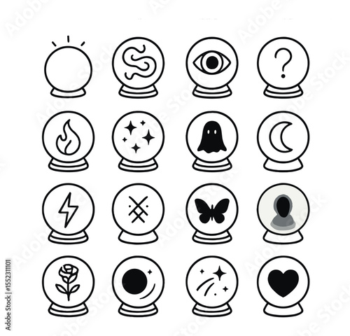 Crystal ball symbols icons in minimalistic line art : glowing crystal orb, swirling mist inside sphere, eye symbol in glass, floating question mark, flickering flame inside ball, stars within