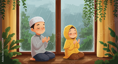 Two Children Praying Together by the Window, Sharing a Moment of Peace