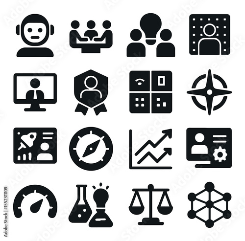 Future workplace dynamics icons in silhouette solid black-filled shapes with clean, simple : AI colleague avatar, hybrid team table, human-robot brainstorming scene, digital culture hub,