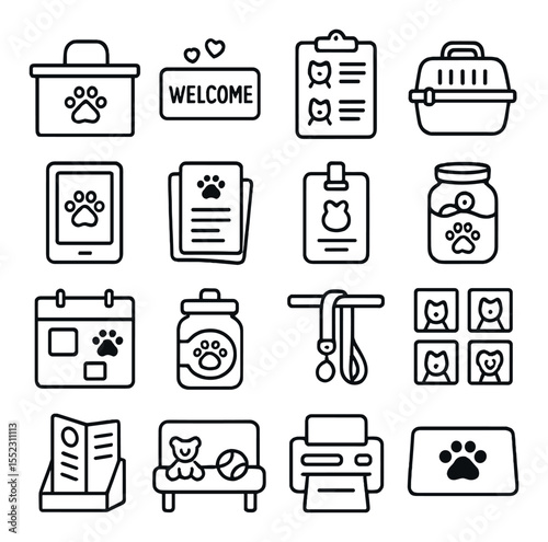 Adoption center essentials icons in minimalistic line art : front desk with paw logo, welcome sign with hearts, clipboard with pet profiles, pet carrier box, digital check-in tablet, adoption