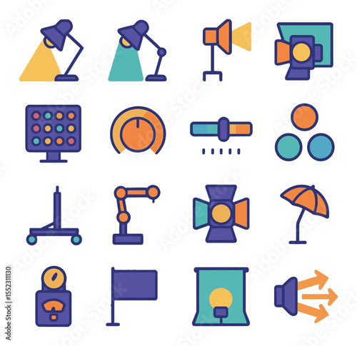 Lighting and exposure setup icons in modern flat vector in minimalistic vibrant color design: key light triangle, fill light indicator, backlight icon, bounce card reflector, RGB light panel,