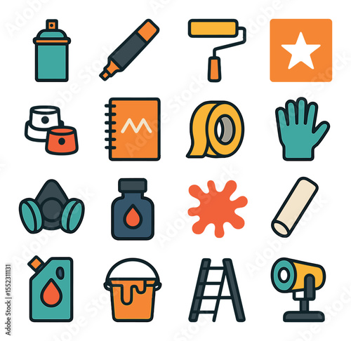 Graffiti tools and supplies icons in modern flat vector in minimalistic vibrant color design: spray paint can, marker pen, paint roller, stencil sheet, paint cap set, sketch notebook, masking