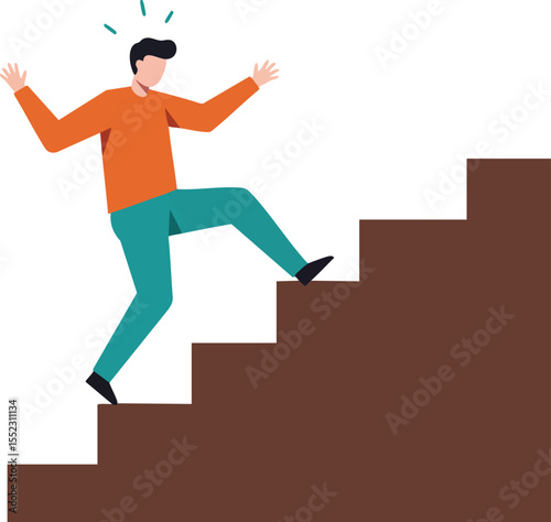 Man slipping while climbing brown stairs illustration showing accident concept in orange and teal clothing vector 