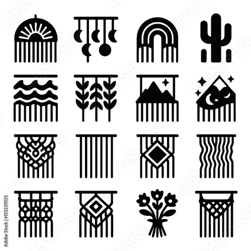 Themed macramé decor icons in silhouette solid black-filled shapes with clean, simple : boho sunburst panel, lunar phase curtain, rainbow pastel wall piece, desert cactus design, ocean wave