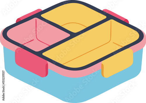 Divided lunch box container with pink red yellow and blue compartments for food storage and meal organization vector illustration 