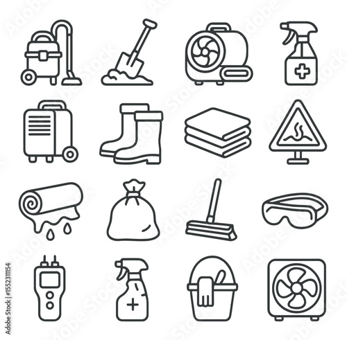 Post-flood cleanup tools icons in minimalistic line art : wet vacuum unit, shovel with mud, drying fan machine, mold removal spray, dehumidifier box, rubber boots pair, disinfectant bottle,