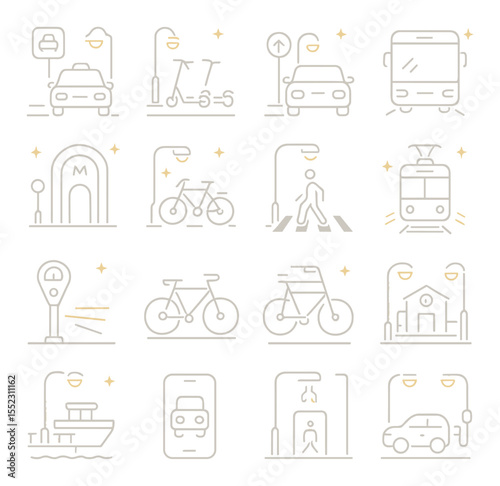 Nighttime transportation icons in minimalistic line art : taxi stand, scooter dock, rideshare pickup point, night bus, metro entrance at night, parked bicycle with lights, illuminated pedestrian