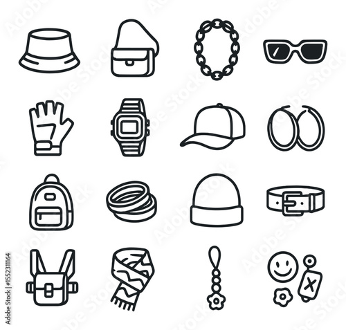 Urban accessories pack icons in minimalistic line art : bucket hat, crossbody bag, chain necklace, statement sunglasses, fingerless gloves, digital watch, snapback cap, oversized hoop earrings,