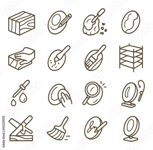 Wood carving process steps icons in minimalistic line art : raw wood block, sketching outline, rough shape carving, detail carving stage, fine sanding step, woodburning for texture, stain