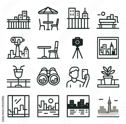 Scenic city viewpoints icons in minimalistic line art : observation deck, rooftop café, high-rise balcony, sunset viewing bench, skyline telescope, terrace table setting, silhouette of camera