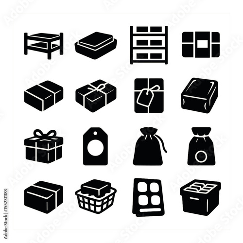 Soap curing and packaging icons in silhouette solid black-filled shapes with clean, simple : wooden curing rack, parchment-lined tray, drying room shelf, labeled soap wrap, kraft paper band,