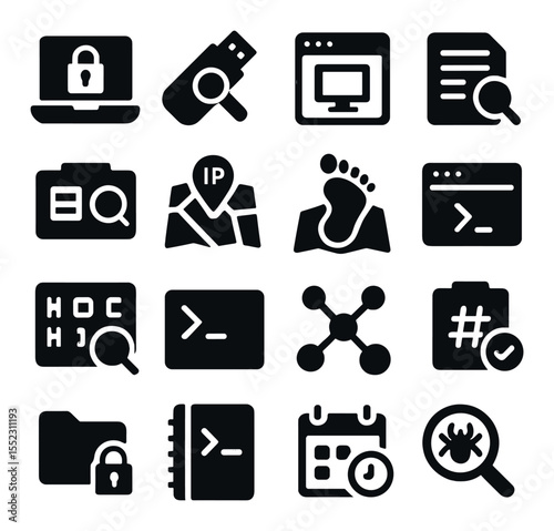 Digital investigation tools icons in silhouette solid black-filled shapes with clean, simple : encrypted laptop, forensic USB stick, virtual machine window, log file viewer, metadata extractor,
