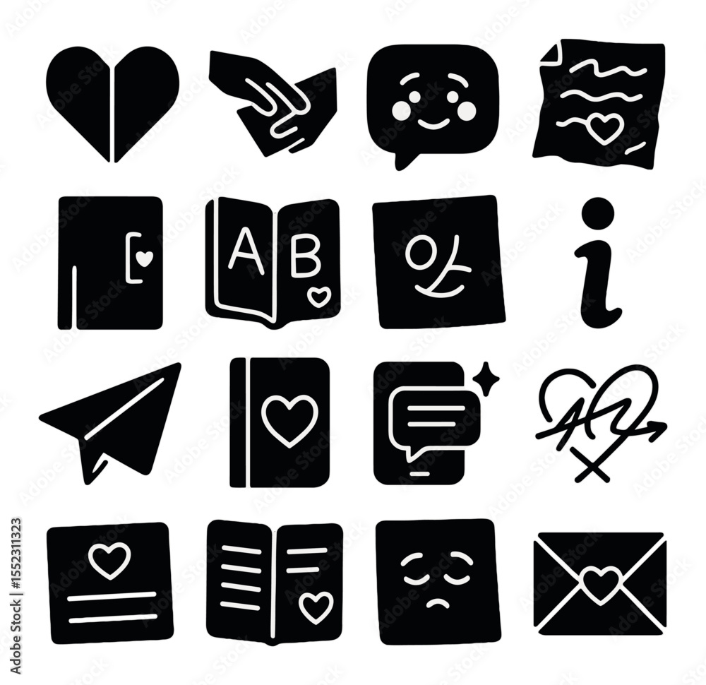 Secret notes and flirty messages icons in silhouette solid black-filled shapes with clean, simple : folded paper heart, note passed in class, text bubble with blush emoji, crumpled love letter,