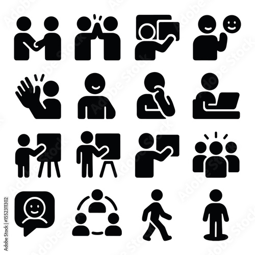 Avatar interactions icons in silhouette solid black-filled shapes with clean, simple : avatar handshake, high-five animation, shared screen gesture, emoji expression wave, applause icon,