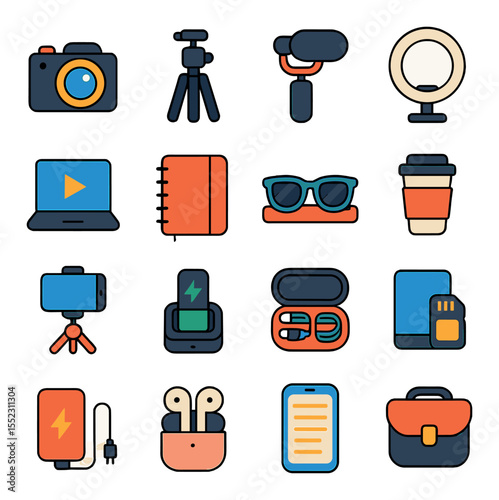 Vlogger daily essentials icons in modern flat vector in minimalistic vibrant color design: compact camera, tripod with grip, vlogging mic, LED ring light, editing laptop, planner notebook,