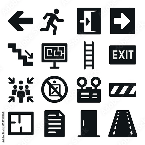 Evacuation route signs and symbols icons in silhouette solid black-filled shapes with clean, simple : emergency exit arrow, running person icon, illuminated exit door, directional floor marker,
