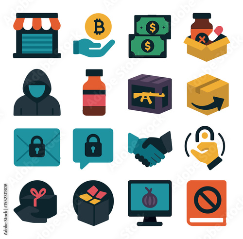 Darknet marketplaces icons in modern flat vector in minimalistic vibrant color design: closed storefront, payment in crypto, counterfeit money stack, illicit goods box, anonymous seller avatar,