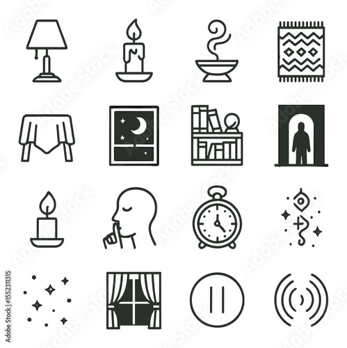 Atmosphere of the reading icons in minimalistic line art : dim lamp with shade, candlelit glow, incense burner smoke, patterned rug, velvet throw over table, moonlight through window, mystical