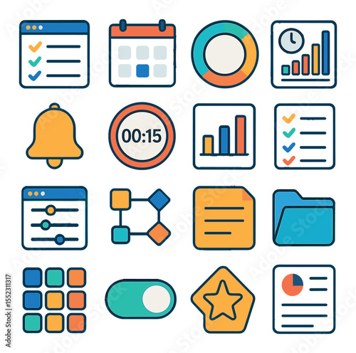 Digital productivity apps icons in modern flat vector in minimalistic vibrant color design: to-do list window, calendar event card, habit tracker ring, time tracking dashboard, task reminder