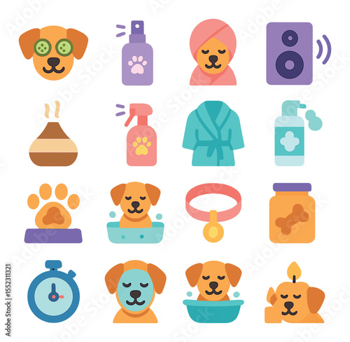 Pet spa extras icons in modern flat vector in minimalistic vibrant color design: cucumber eye patch dog, lavender pet mist, warm towel wrap, relaxing music speaker, aromatherapy diffuser,