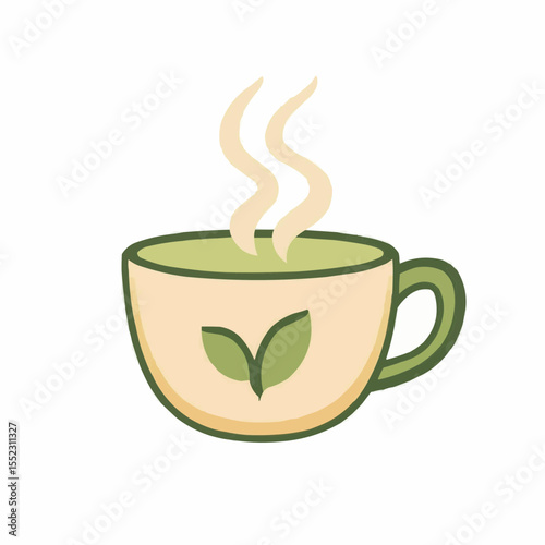 Flat vector icon of warm herbal tea cup with steam. Ideal for wellness themes, cozy lifestyle designs, self-care routines, and printable graphics