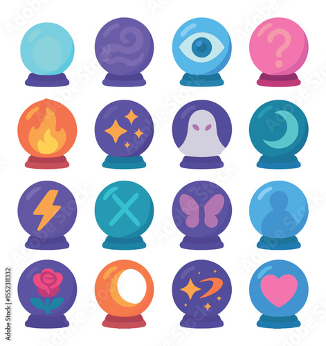 Crystal ball symbols icons in modern flat vector in minimalistic vibrant color design: glowing crystal orb, swirling mist inside sphere, eye symbol in glass, floating question mark, flickering