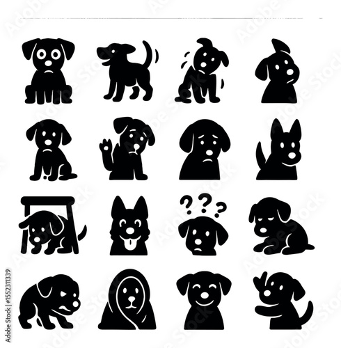 Canine emotions at the vet icons in silhouette solid black-filled shapes with clean, simple : anxious dog with wide eyes, happy tail-wagging dog, shaking scared pup, curious head tilt, relaxed