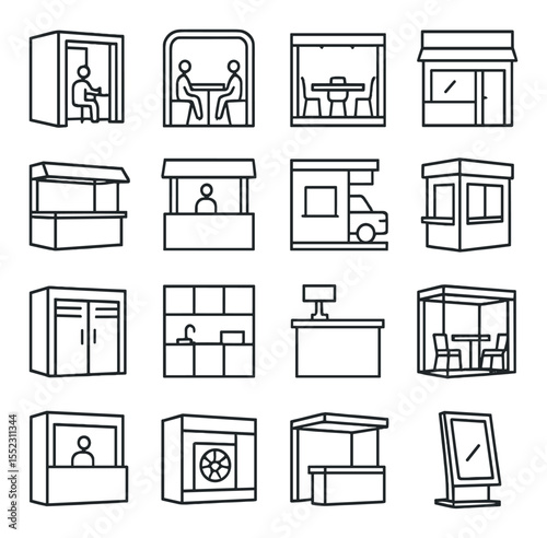Modular commercial spaces icons in minimalistic line art : office booth, co-working pod, conference room unit, storefront module, retail kiosk, service counter pod, drive-through window module,