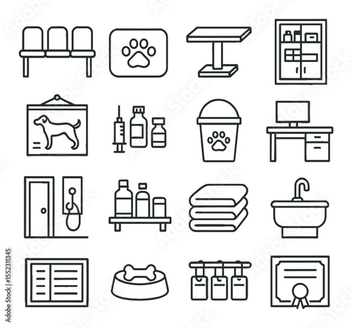 Veterinary clinic interior icons in minimalistic line art : vet waiting room chairs, paw-print rug, exam room table, medical cabinet, wall chart with dog anatomy, vaccination station, pet-safe