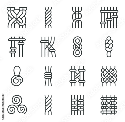 Macramé knot types icons in minimalistic line art : square knot, spiral knot, lark’s head knot, double half hitch, vertical clove hitch, diagonal clove hitch, Josephine knot, berry knot,