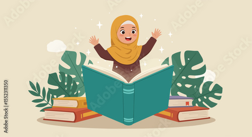 Excited Girl Reading a Book, Surrounded by Books and Nature