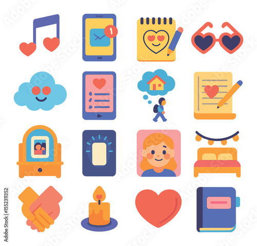 After school daydreams icons in modern flat vector in minimalistic vibrant color design: music with hearts icon, phone with unread message, sketchpad with crush face, heart-shaped sunglasses,