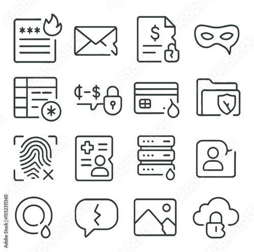 Compromised data elements icons in minimalistic line art : leaked password list, exposed email address icon, financial record file, identity theft mask, corrupted database row, decrypted message