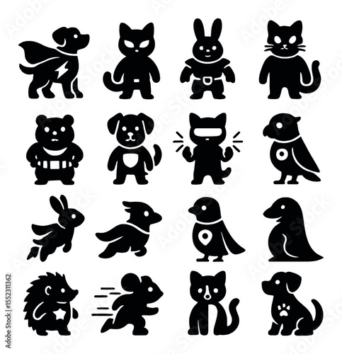 Superhero-themed costumes icons in silhouette solid black-filled shapes with clean, simple : dog in cape with lightning bolt, cat in stealth suit and mask, bunny in power armor, parrot in