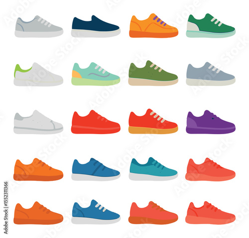 Low-top sneaker s icons in modern flat vector in minimalistic vibrant color design: sleek minimalist low-tops, canvas slip-ons, suede-finish sneakers, textured panel designs, neon-accented