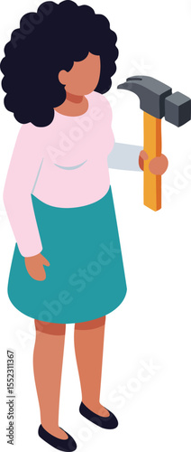 Woman holding hammer in hand standing isometric vector illustration with casual clothing and afro hairstyle 