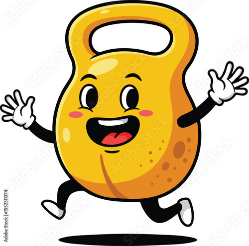 Happy yellow kettlebell cartoon character jumping with joyful expression vector illustration 