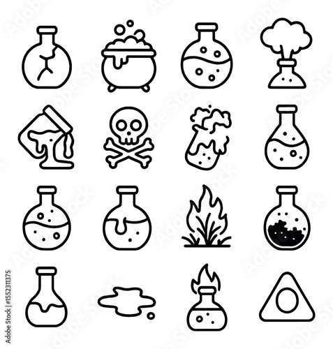 Failed potion results icons in minimalistic line art : cracked potion bottle, bubbling over cauldron, color-changing brew, smoky explosion, slime spill jar, toxic gas symbol, fizzing pink mess,