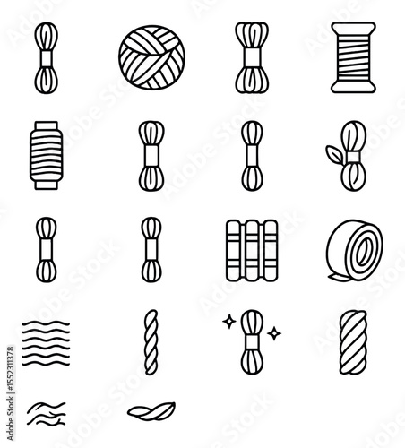 Types of embroidery thread icons in minimalistic line art : cotton floss skein, pearl cotton ball, silk floss bundle, metallic thread spool, variegated thread, wool blend thread, rayon shine