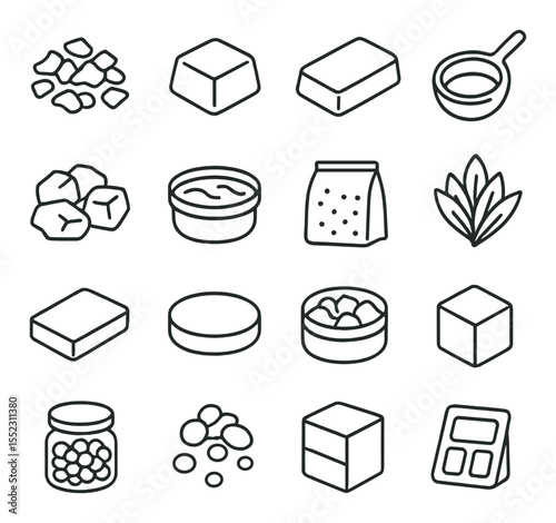Types of wax icons in minimalistic line art : soy wax flakes, beeswax block, paraffin wax slab, coconut wax scoop, palm wax chunks, gel wax tub, blended wax bag, carnauba wax flakes, rapeseed