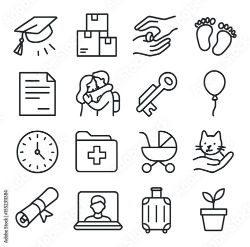 Emotional life transitions icons in minimalistic line art : graduation cap toss, moving boxes stack, wedding ring exchange, newborn footprints, job resignation letter, airport goodbye hug, key