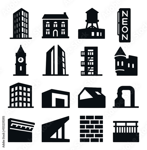 Architectural contrasts icons in silhouette solid black-filled shapes with clean, simple : modern glass tower, historic stone building, rooftop water tank, neon-lit signage, old clock tower,