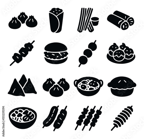 Regional street foods icons in silhouette solid black-filled shapes with clean, simple : steamed dumplings, falafel wrap, churros with dip, rice paper rolls, jerk chicken skewer, arepa sandwich