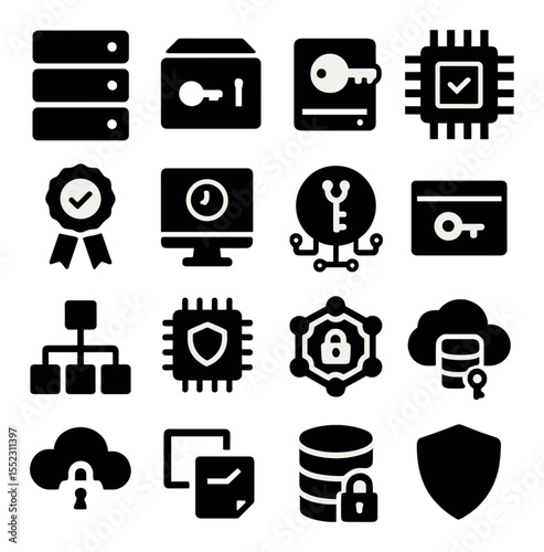 Cryptographic infrastructure icons in silhouette solid black-filled shapes with clean, simple : secure server stack, hardware security module, key management unit, root of trust chip,