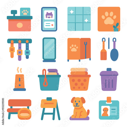 Salon environment icons in modern flat vector in minimalistic vibrant color design: pet salon front desk, grooming appointment screen, clean tile floor, stylish paw-print wall, collar rack on