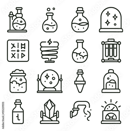 Experimental alchemy setup icons in minimalistic line art : glowing potion mixer, unstable compound vial, pressure flask with cap, reinforced glass dome, glowing runes tile, electric coil tube, photo