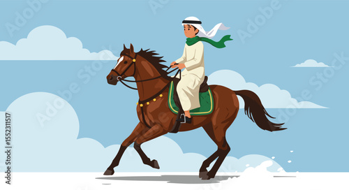 Arab Rider on Horseback, Galloping in the Desert with Confidence