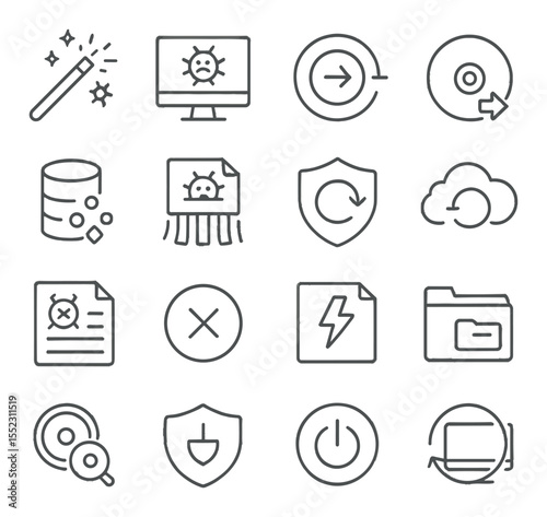 Cleanup and recovery tools icons in minimalistic line art : malware removal wand, full system disinfect icon, rollback restore point, recovery boot disk, registry cleaner icon, malicious file